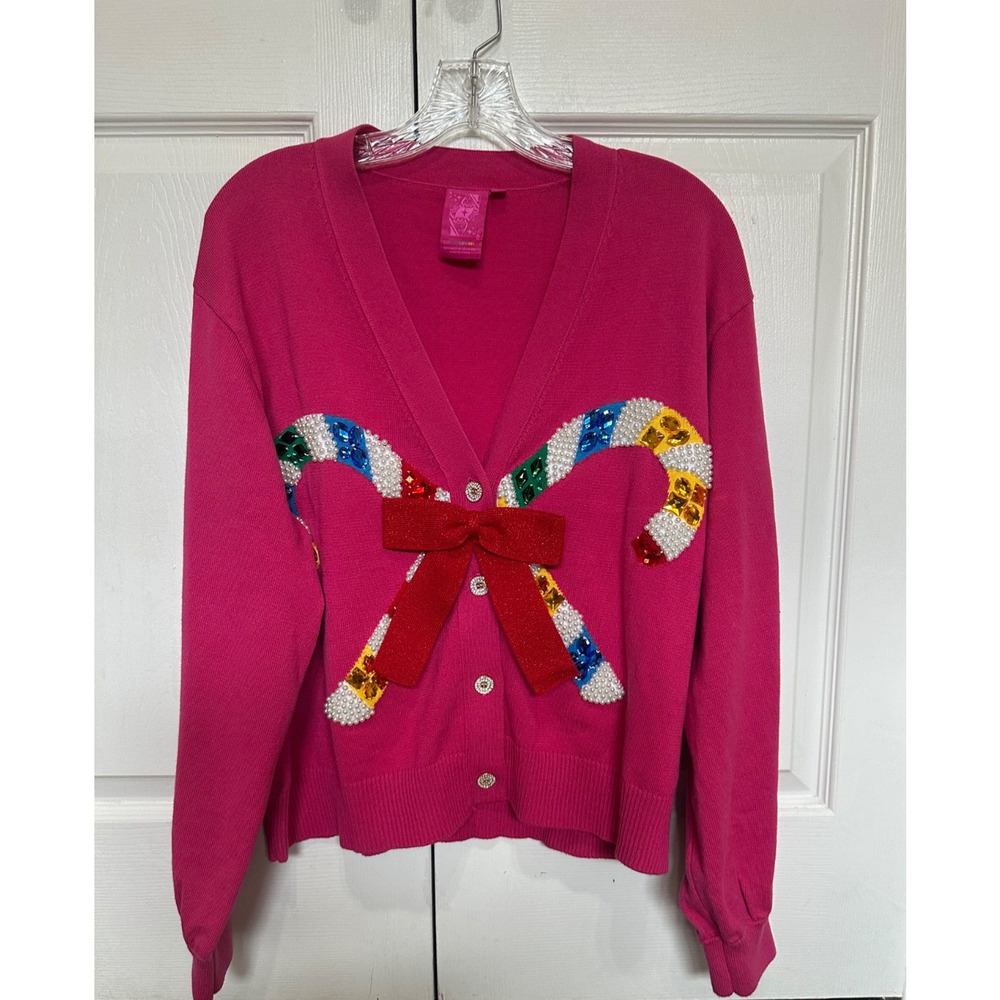 Queen of Sparkles Christmas Candy Cane Cardigan Sz Small Holiday